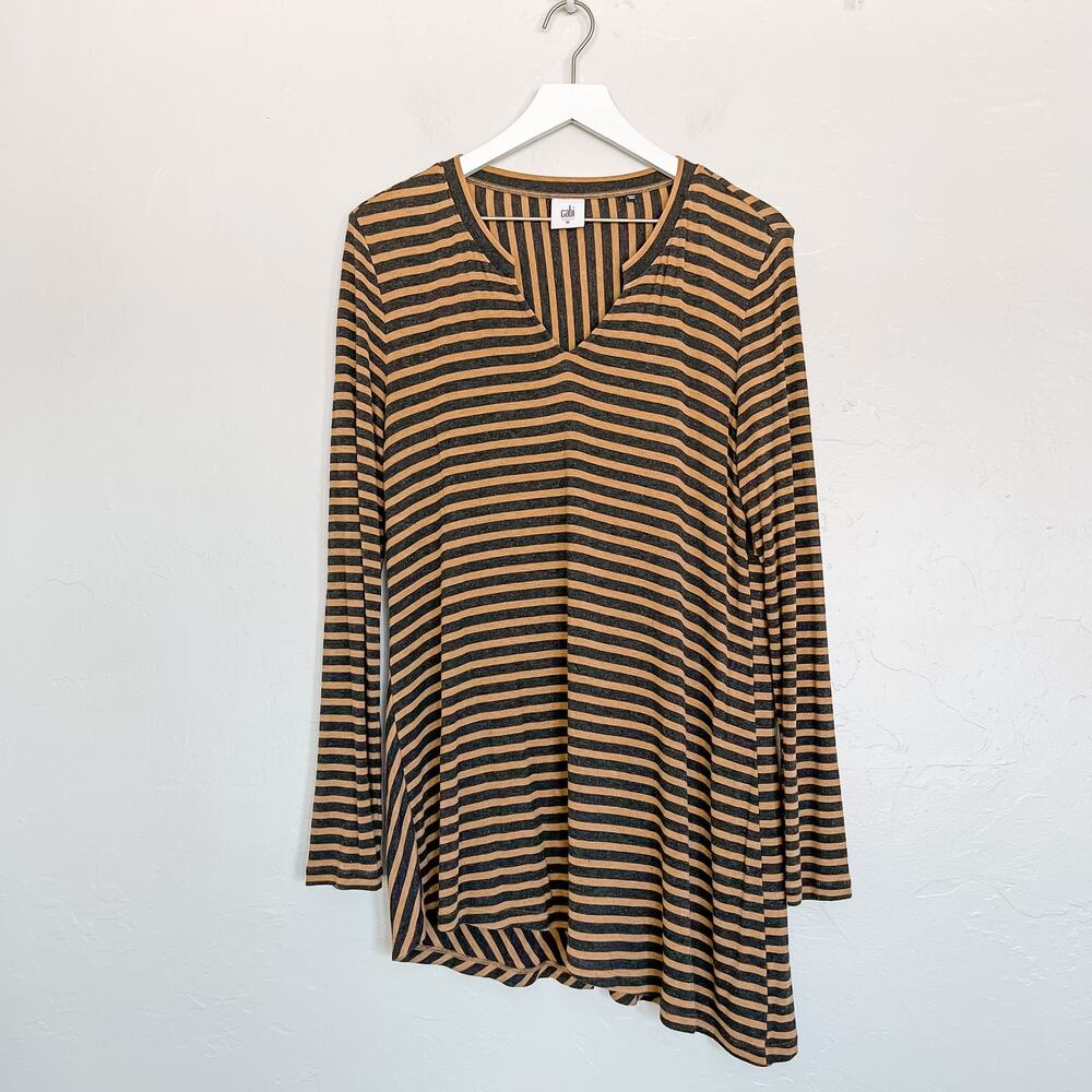 CAbi Earthy Striped Slant Split Neck Asymmetrical Tunic Top Medium
